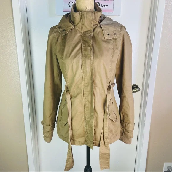 Miss London Black Label Utility Jacket Beige Women Medium Full Zip Hoodie Trench - Picture 8 of 13